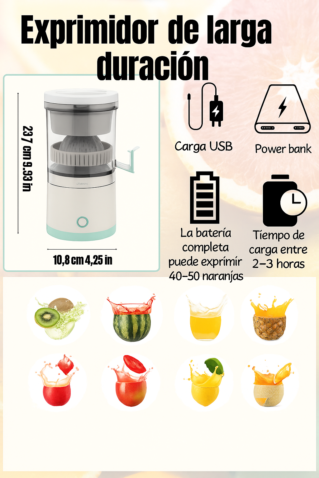 🍊 Exprimidor Eléctrico de Cítricos Inalámbrico con Carga USB
